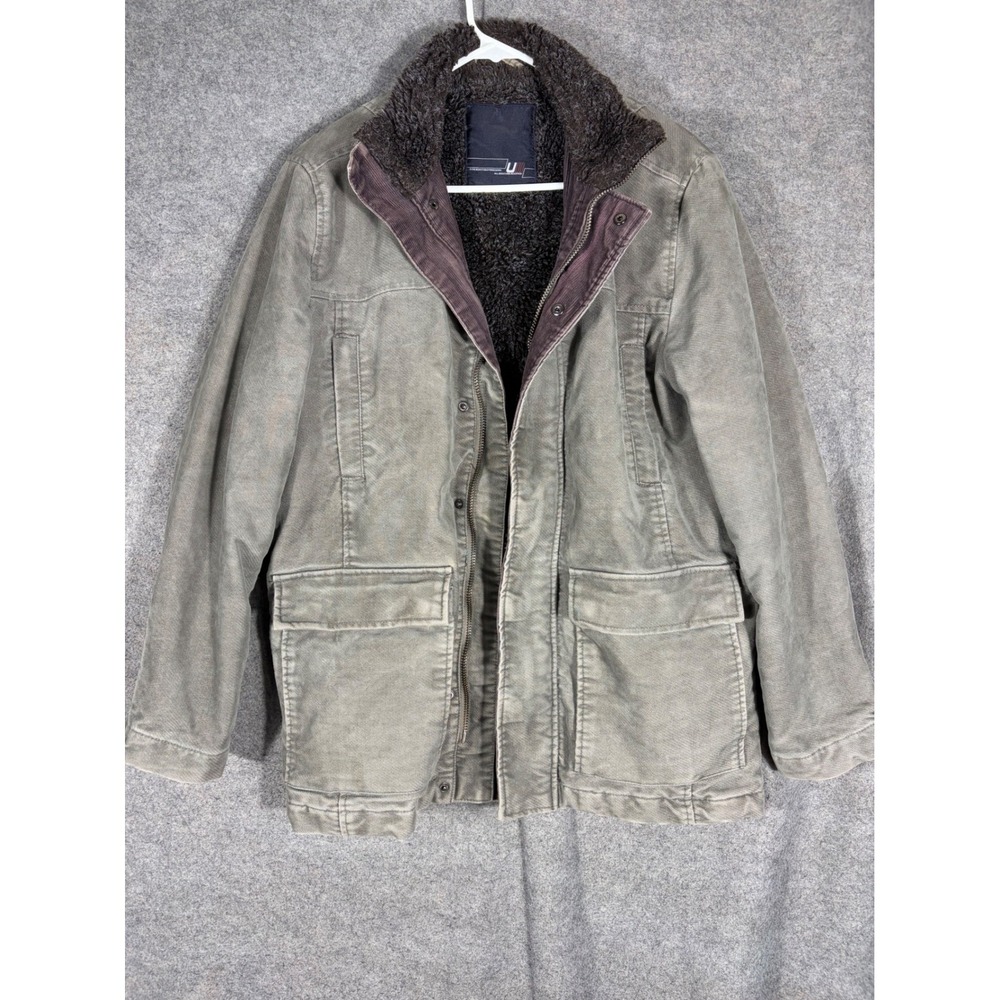 Mens Utility Jacket Sherpa Lined Canvas Field Coat Olive Green M